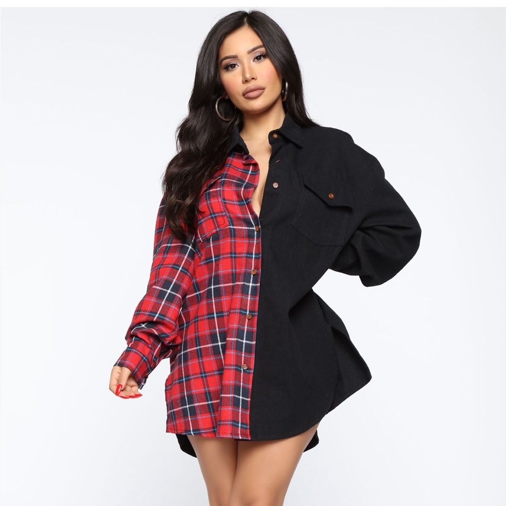 Fashion Nova Red Plaid and Black Button Down Shirt